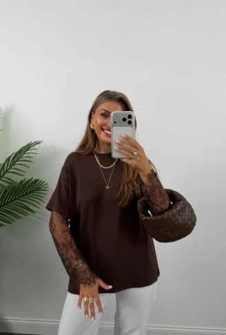 Kadın Bisiklet Yaka Kolları Dantel Güpür Detay Bluz