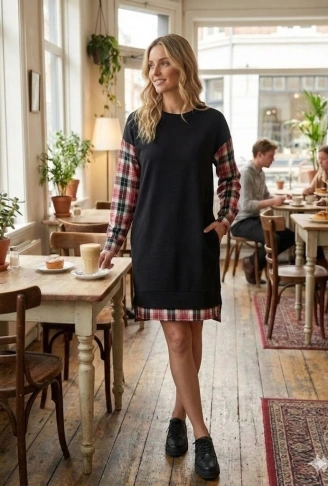 Kadın Bisiklet Yaka Kolları Ve Arkası Ekoseli Diz üstü Elbise