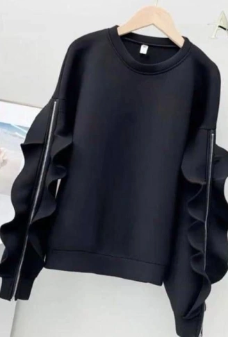 Kadın Bisiklet Yaka Kolları Volan Detay üç Iplik Kumaş Sweat