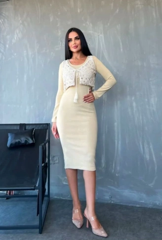 Kadın Bisiklet Yaka Midi Boy Elbise Ve Dantel Güpür Detay Yelek Fırsat ürün Ikili Takım