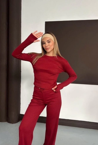 Kadın Bisiklet Yaka Parmak Geçme Detay Uzun Kollu Bluz Ve Pantolon Ikili Takım