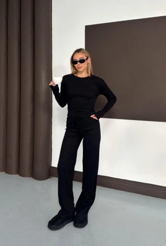 Kadın Bisiklet Yaka Parmak Geçme Detay Uzun Kollu Bluz Ve Pantolon Ikili Takım