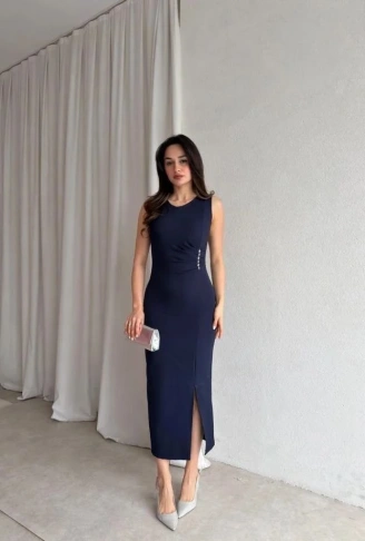 Kadin Bisiklet Yaka Yandanda Kulplu Yirtmac Detay Maxi Boy Elbise