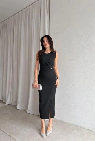 Kadin Bisiklet Yaka Yandanda Kulplu Yirtmac Detay Maxi Boy Elbise