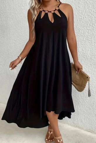 Kadın Boyundan Askılı Damla Detaylı Halkalı Asimetrik Kesim Viskon Elbise