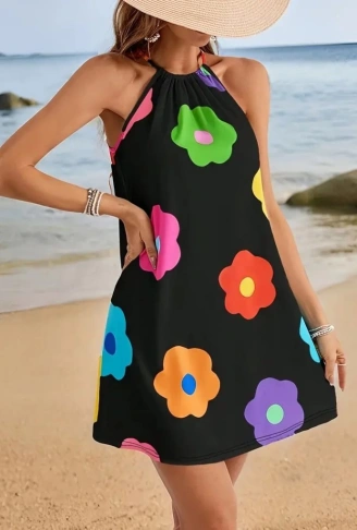 Kadın Boyundan Askılı Kolsuz çiçek Desenli Süprem Elbise