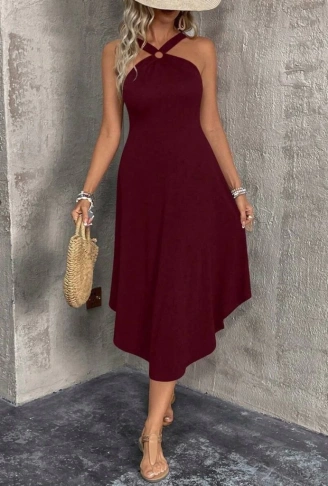 Kadın Boyundan çapraz Askılı Halka Detaylı Asimetrik Kesim Viskon Elbise