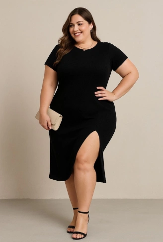 Kadın Büyük Beden Kısa Kollu Yanı Yırtmaçlı Bisiklet Yaka Viskon Elbise