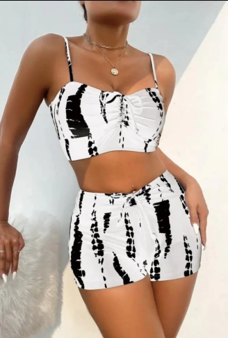 Kadın Büzgü Detay Askılı Crop Mini Tayt Ikili Takım