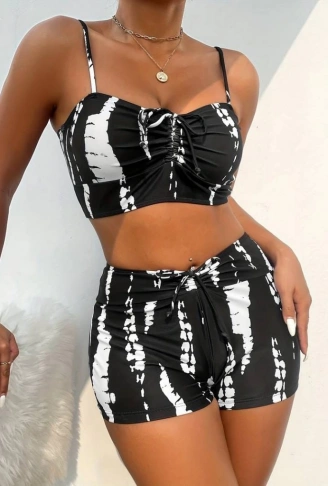 Kadın Büzgü Detay Askılı Crop Mini Tayt Ikili Takım