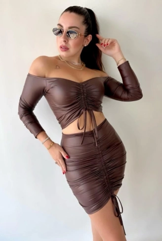 Kadın Büzgülü Deri Etek Takım Fırsat Ürün