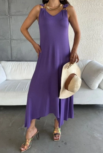 Kadın çan Dokuma Kumaş V Yaka Asimetrik Kesim Elbise