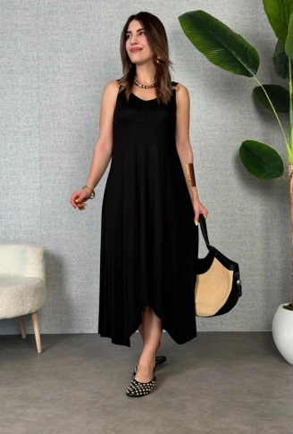 Kadın çan Dokuma Kumaş V Yaka Asimetrik Kesim Elbise