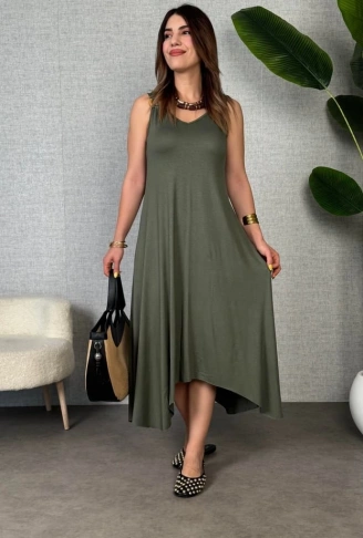 Kadın çan Dokuma Kumaş V Yaka Asimetrik Kesim Elbise