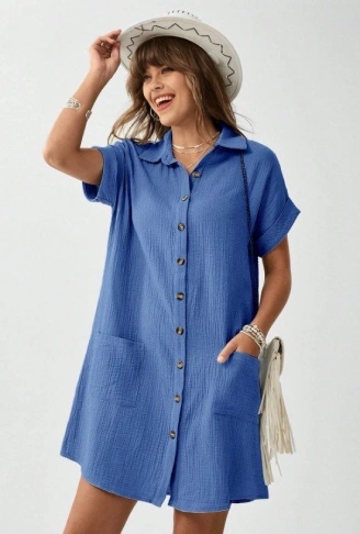 Kadın Cep Detay Müslin Kumaş Mini Gömlek Elbise