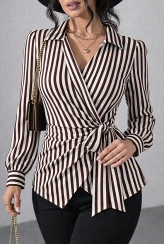 Kadın çizgili Kruvaze Bağlamalı Gömlek