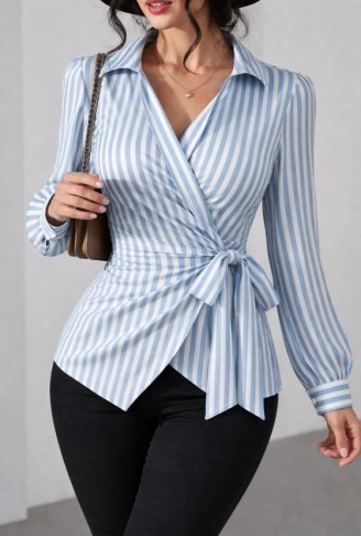 Kadın çizgili Kruvaze Bağlamalı Gömlek