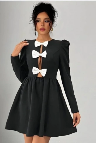 Kadın Dalgıç Kumaş Fiyonk Detaylı Uzun Kollu Mini Boy Elbise