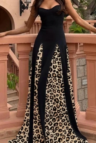 Kadın Dalgıç Kumaş Leopar Desenli Kloş Elbise