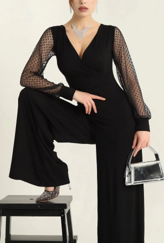 Kadın Derin V Yaka Kolları Puantiyeli Tül Detay Ispanyol Paça Tulum