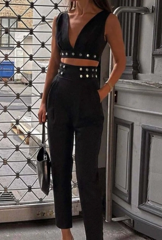 Kadın Double Krep Kumaş Düğme Aksesuar Detaylı Takım