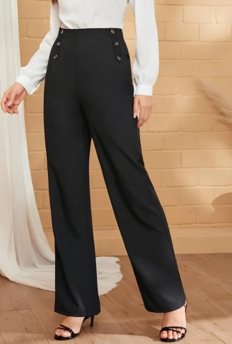 Kadın Düğme Detay Bol Paça Ithal Krep Pantolon