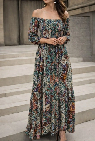 Kadın Düşük Omuzlu Beli Büzgülü Dijital Desenli Kesik Elyaf Süprem Uzun Elbise