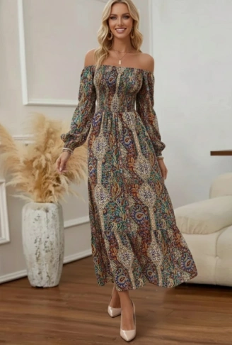 Kadın Düşük Omuzlu Beli Büzgülü Dijital Desenli Kesik Elyaf Süprem Uzun Elbise