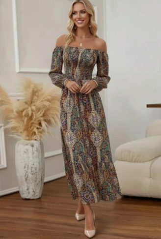 Kadın Düşük Omuzlu Beli Büzgülü Dijital Desenli Kesik Elyaf Süprem Uzun Elbise