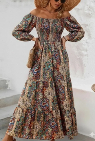 Kadın Düşük Omuzlu Beli Büzgülü Dijital Desenli Kesik Elyaf Süprem Uzun Elbise