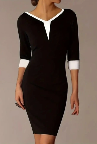 Kadın Truvakarkol V Yakalı Blok Renkli Kısa Janjan Krep Elbise