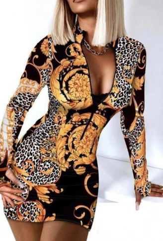 Kadın Fermuar Detay Dalgıç Kumaş Desenli Elbise