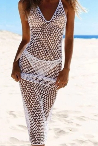 Kadın File Desen Tam Boy Askılı Triko Pareo