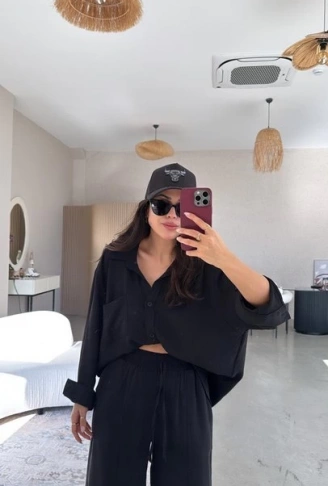 Kadın Flamlı Keten Tek Cep Oversızed Gömlek