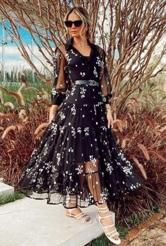 Kadın Flok Kumaş çiçek Desenli Elbise