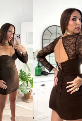 Kadın Gloplu Kare Yaka Dantel Transparan Ve Sırt Dekoltesi Detaylı Mini Elbise