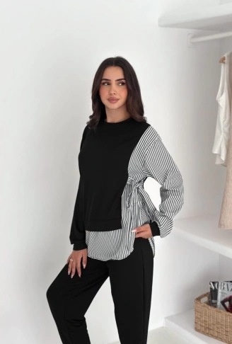 Kadın Gömlek Detay çizgili Yandan Bağlamalı Ikili Takım