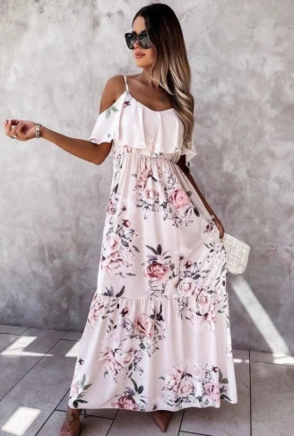 Kadın Gül Desenli Maxi Boy Mikro Kumaş Elbise