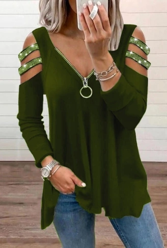 Kadın Haki Kolları Taş Işlemeli Uzun Kol Fermuarlı Viskon Bluz