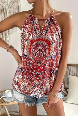 Kadın Halter Kollu Damla Detaylı Desenli Süprem Bluz