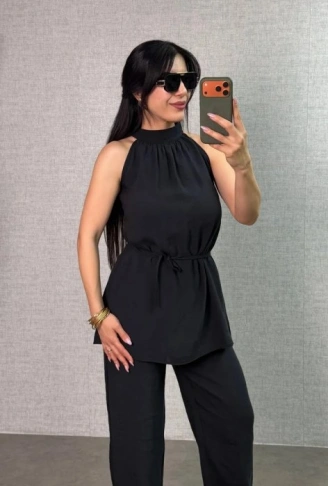 Kadın Halter Yaka Beli Kuşak Detaylı Ikili Takım