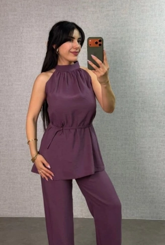 Kadın Halter Yaka Beli Kuşak Detaylı Ikili Takım