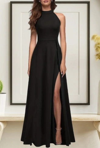 Kadın Halter Yaka Derin Yırtmaç Detaylı Tam Boy Ithal Krep Abiye Elbise