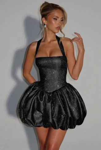 Kadın Halter Yaka Simli Kumaş Sırtı Bağcık Detay Prenses Elbise