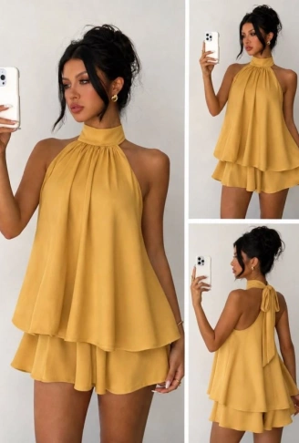 Kadın Halter Yaka Volan Detaylı Mini Elbise