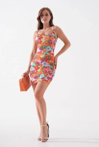 Kadın ince askılı desenli elbise s8105