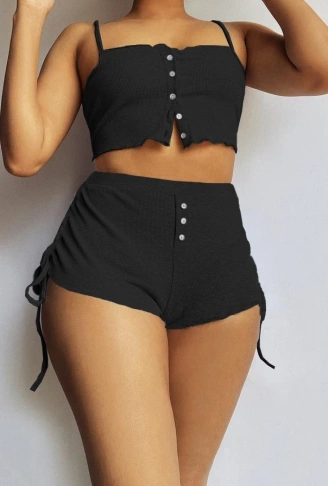 Kadın Ip Askılı Crop Bluz Ve Yanlardan Büzgülü Ikili Kaşkorse Short Takım