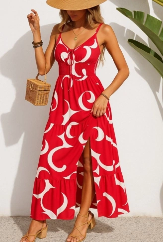 Kadın Ip Askılı Dekolteli Bağcıklı Yırtmaçlı Desenli Süprem Elbise