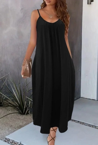 Kadın Ip Askılı Geniş V Yakalı Viskon Elbise