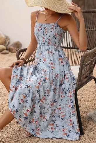 Kadın Ip Askılı Geniş V Yakalı Desenli Uzun Süprem Elbise